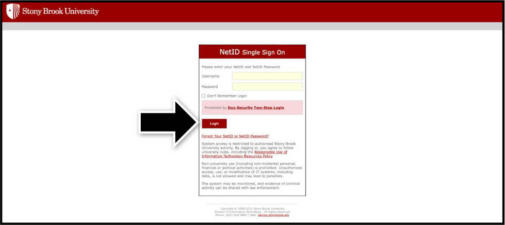 Stony Brook University login page with username and password fields and a login button.