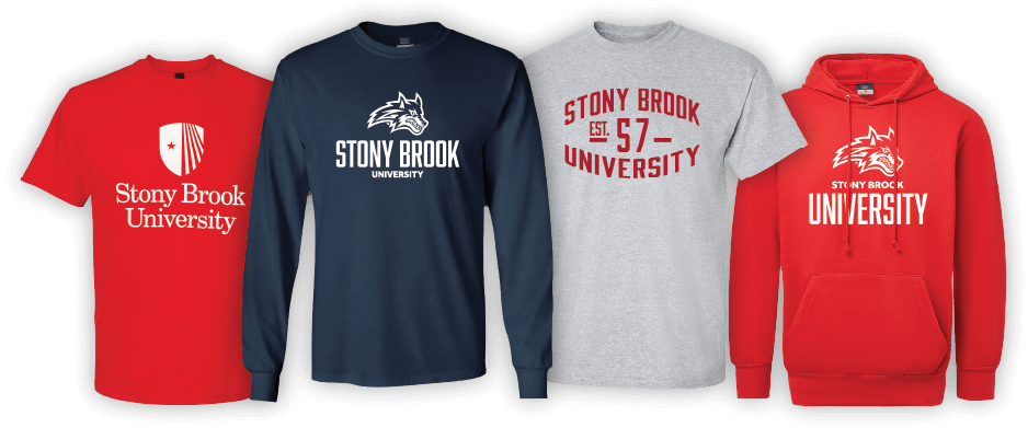 Four Stony Brook University apparel items in red, navy, gray, and red, including a T-shirt, long-sleeve shirt, T-shirt, and hoodie.