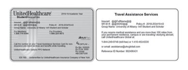 UnitedHealthcare StudentResources insurance card and Travel Assistance Services card displaying policy and contact information