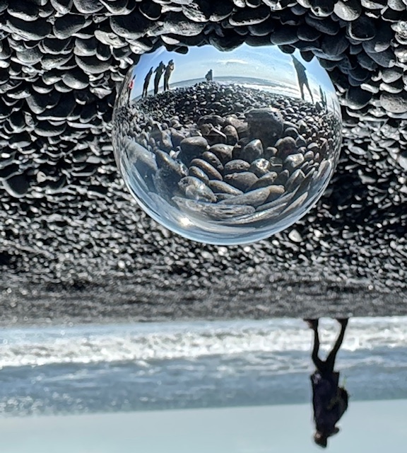 Upside beach scene, closeup of mirrored ball