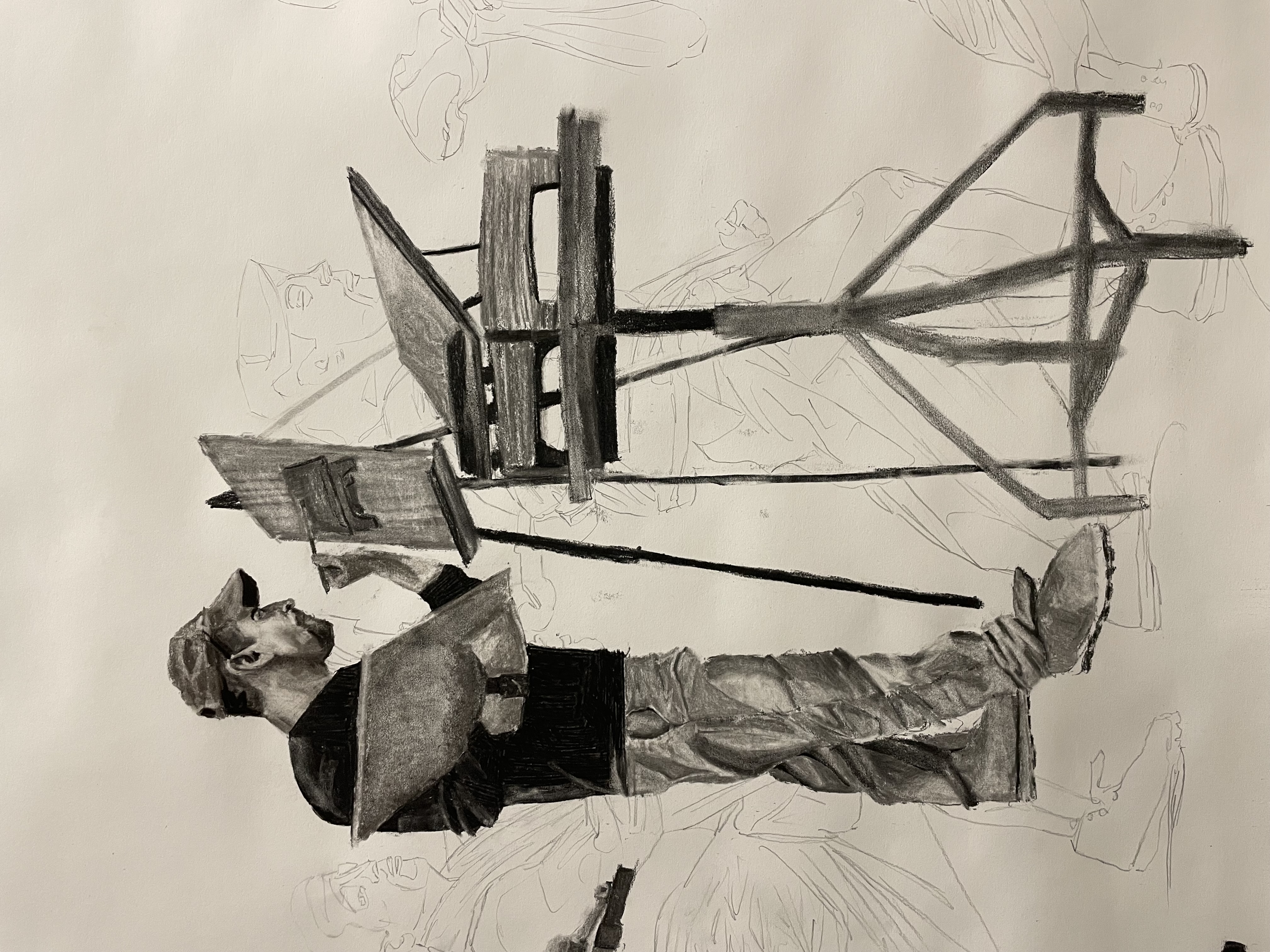 black and white sketch of man painting on a canvas