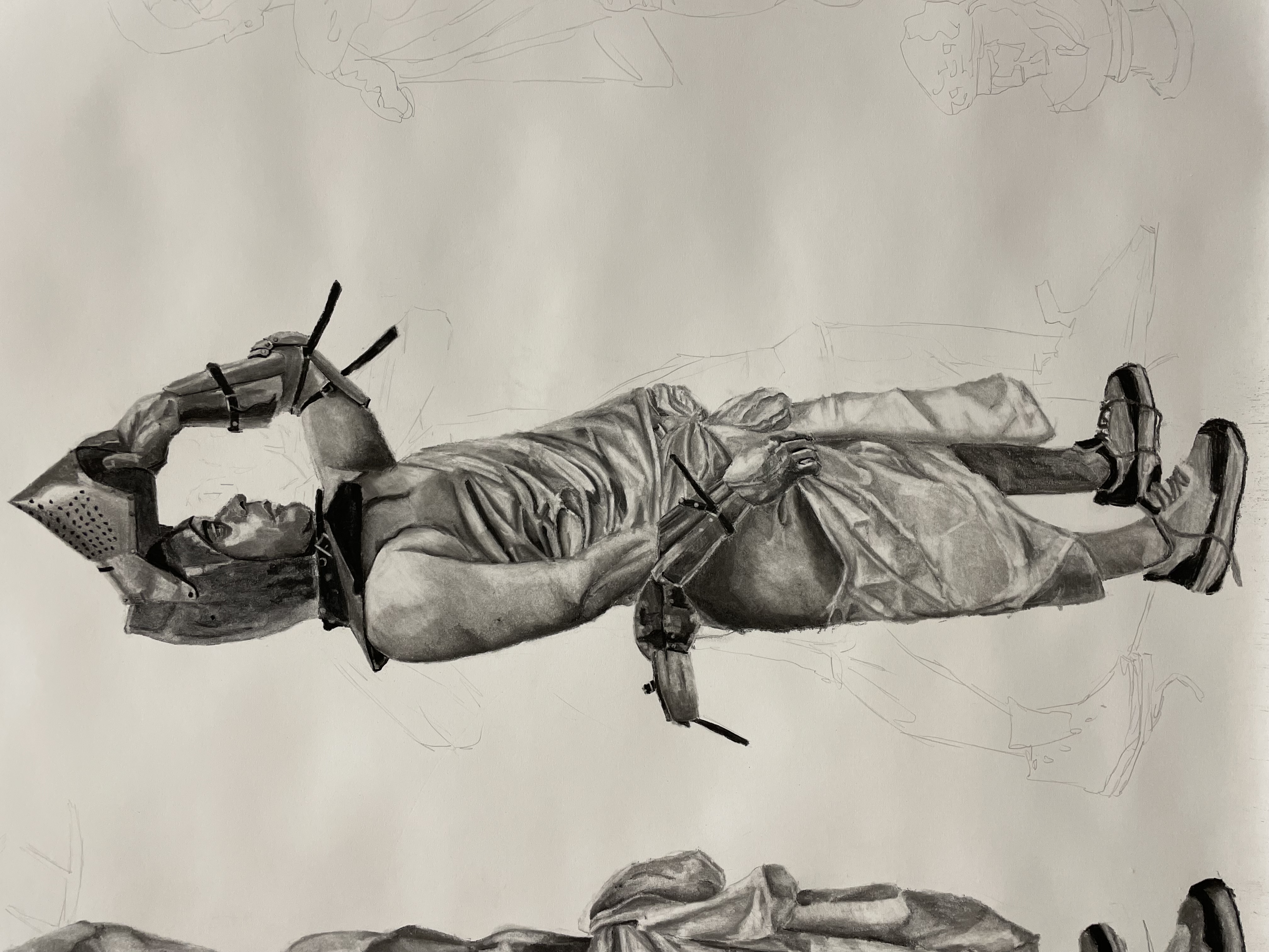 sketch of man wearing knight's helmut