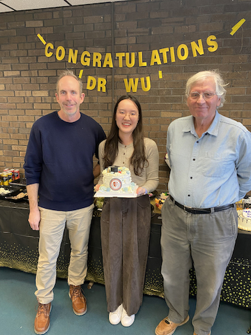 Post defense celebration for Lingshuang Wu. From left: Mike Airola (advisor), Lingshuang Wu, Erwin London (committee chair)