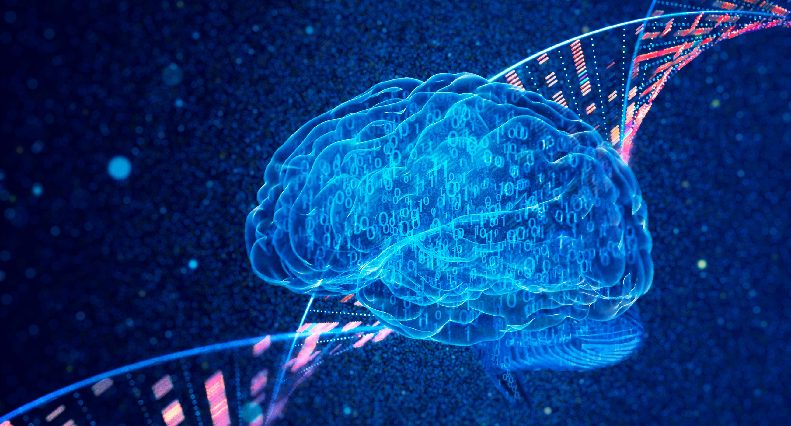 A digital representation of a glowing blue brain with binary code patterns, surrounded by colorful DNA strands against a dark blue background.
