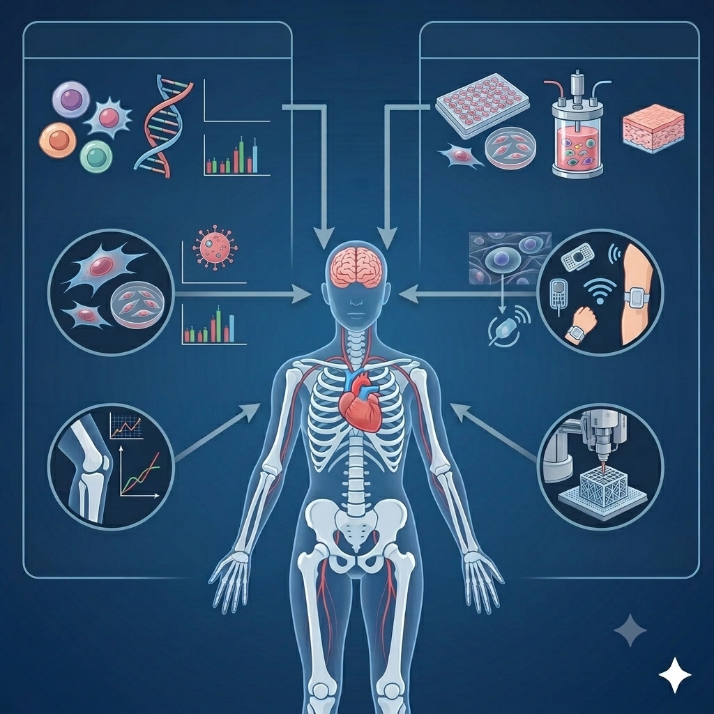 Infographic of a human anatomical figure surrounded by panels showing cells, DNA, laboratory equipment, medical sensors, charts, imaging, and 3D fabrication, with arrows pointing toward the body.