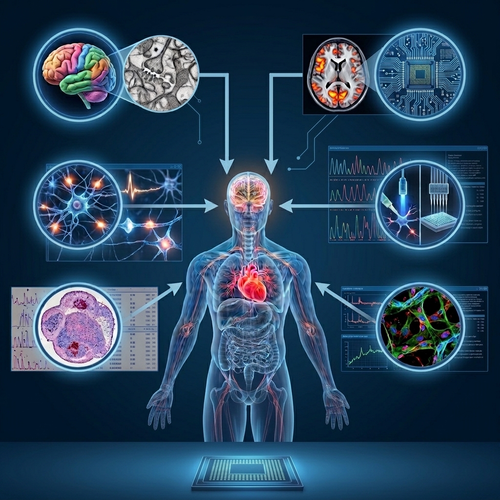 Illustration of a translucent human body surrounded by brain scans, neural images, tissue samples, graphs, and microchip technology.