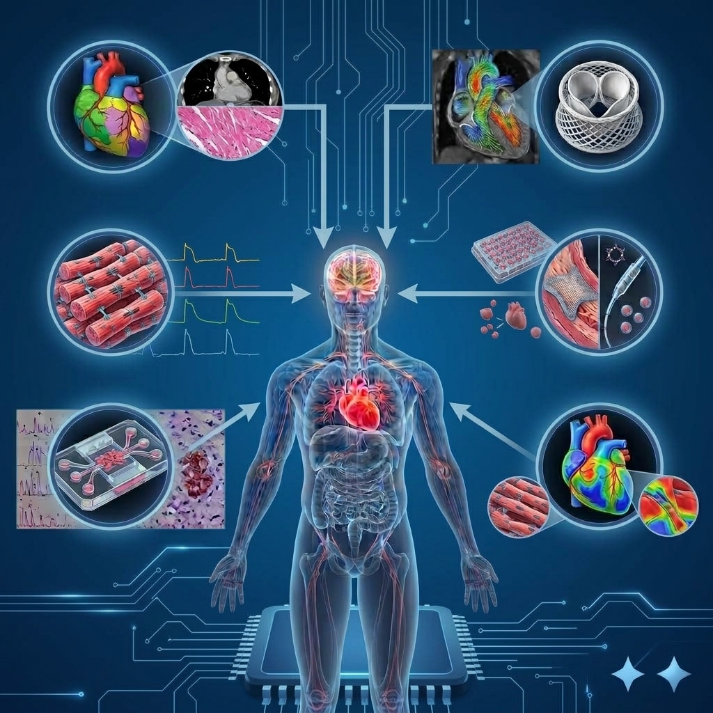 Medical infographic showing a translucent human figure with a highlighted heart surrounded by cardiovascular anatomy, tissue, cellular, and technology imagery connected by arrows and circuit-board lines.