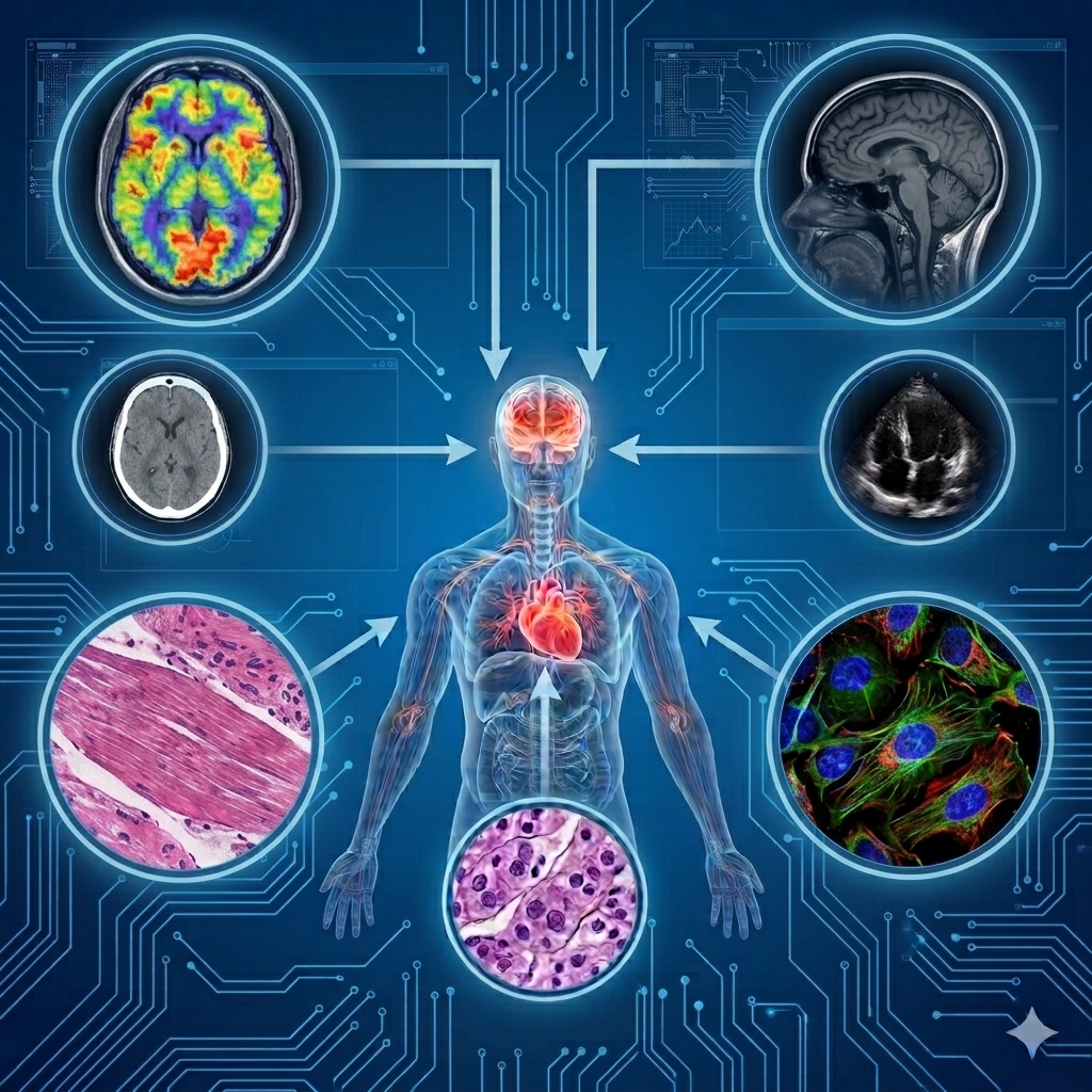 Medical technology illustration of a translucent human figure surrounded by brain scans, tissue microscopy images, and other diagnostic images connected by arrows.
