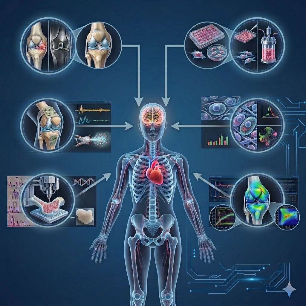 Biomedical infographic showing a translucent human body surrounded by panels of knee implants, cell cultures, tissue engineering, bioprinting, medical scans, and data visualizations.