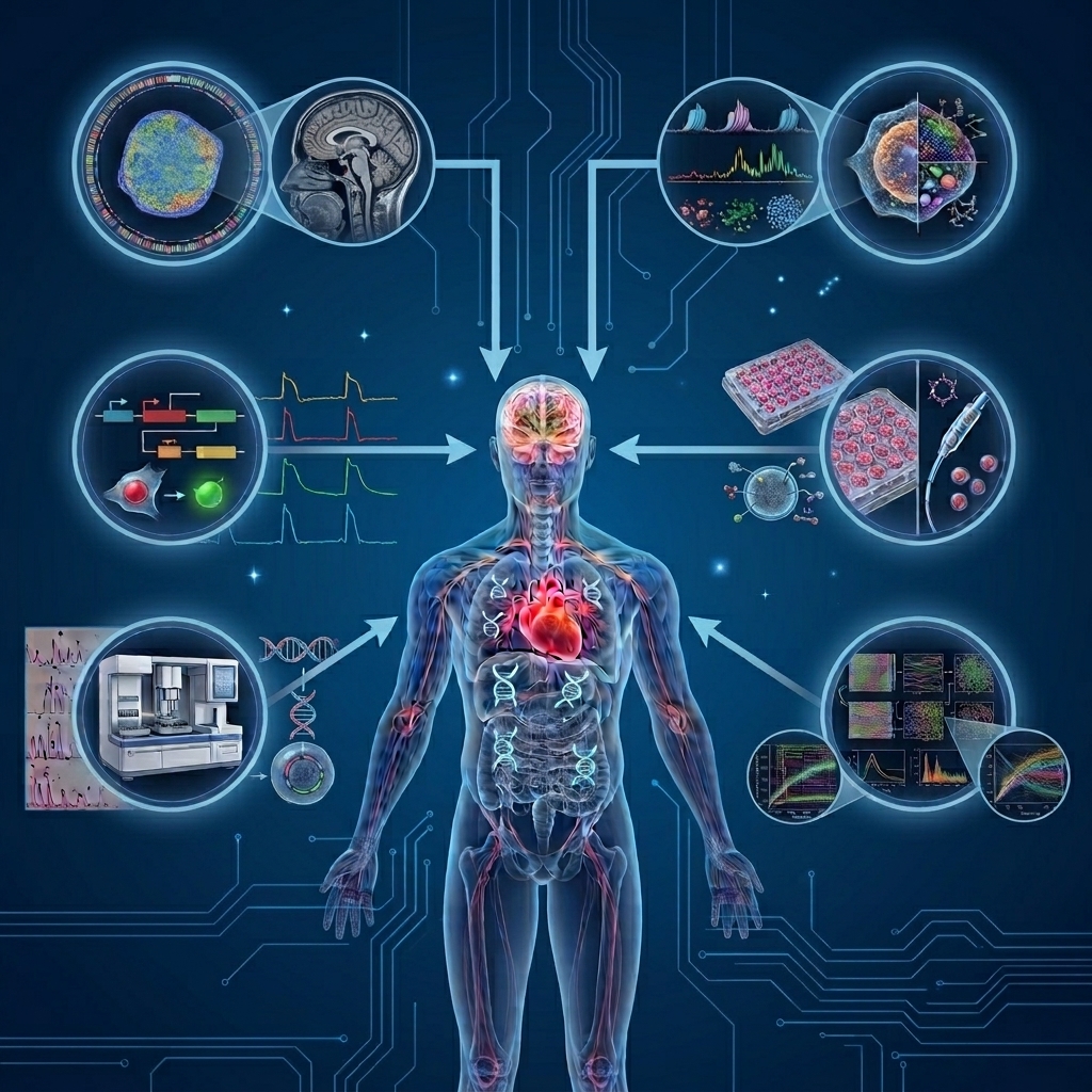 Digital illustration of a translucent human body with a glowing red heart, surrounded by circular panels depicting brain scans, cells, DNA, laboratory equipment, and scientific data connected by arrows and circuit lines.