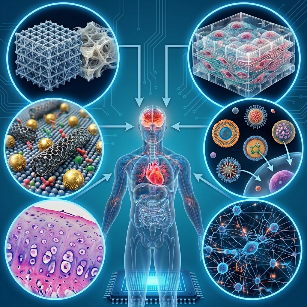 Biomedical technology infographic showing a translucent human figure connected to six circular illustrations of nanostructures, cells, tissue, and neural networks.