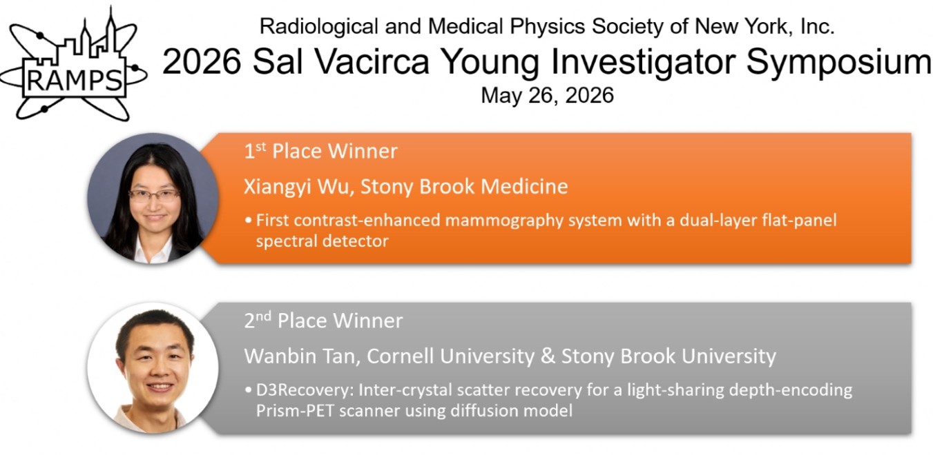 Announcement naming the first- and second-place winners of the 2026 Sal Vacirca Young Investigator Symposium, with portraits and research titles.