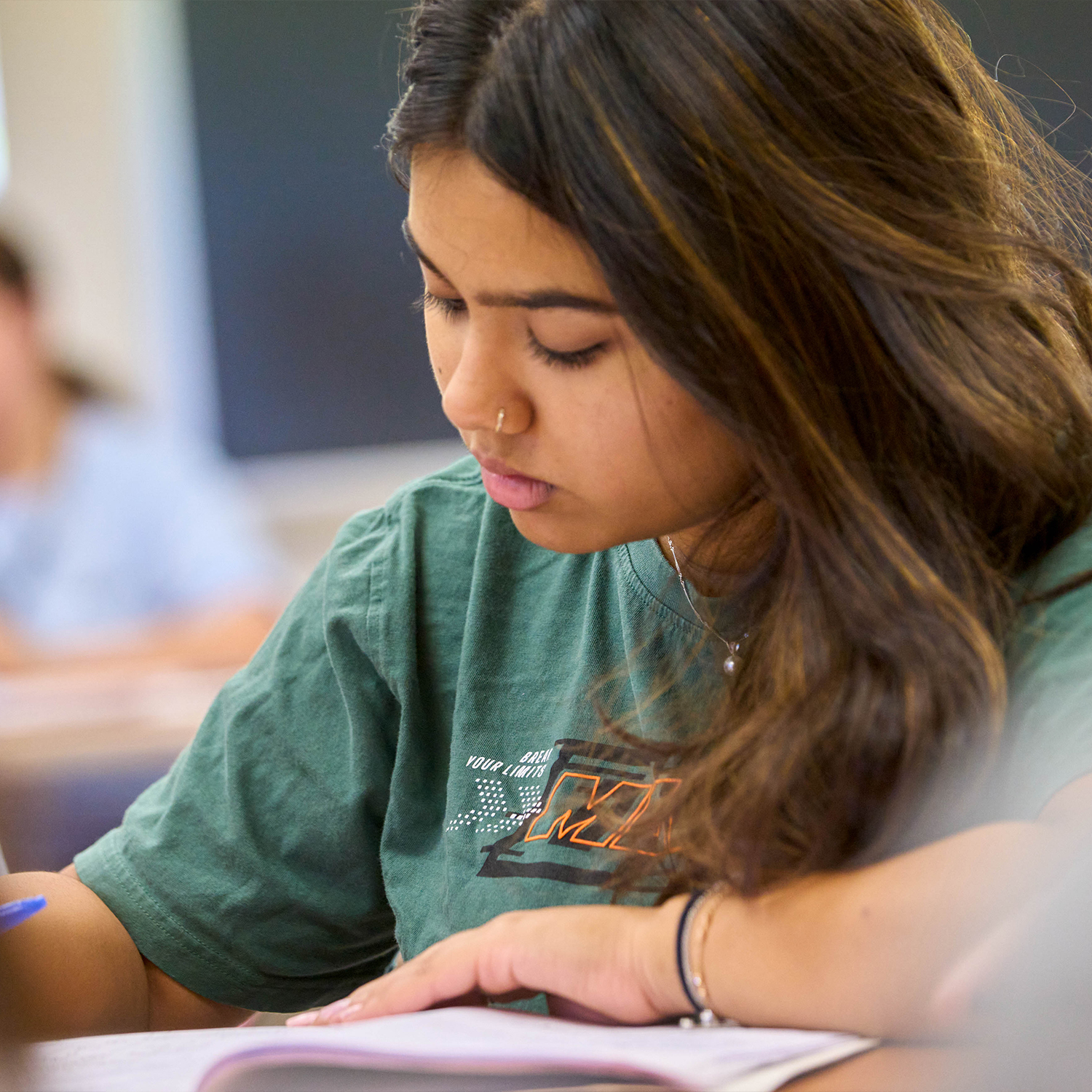 student focusing in class