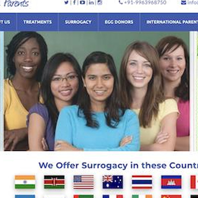 Screenshot of a surrogacy agency website, headquartered in India and offering surrogacy services globally. June 2021. Screenshot taken by author.