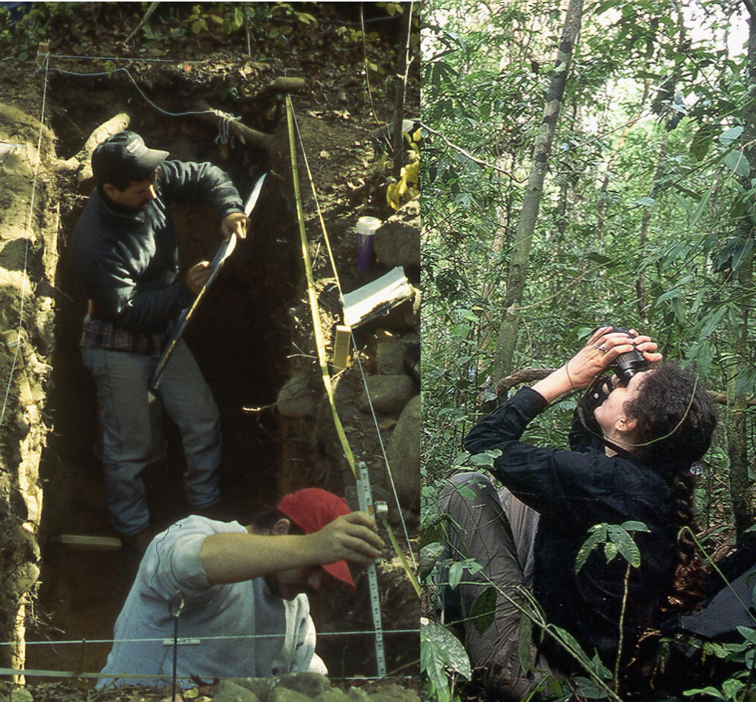dirt digging, field work, female looking through binoculars