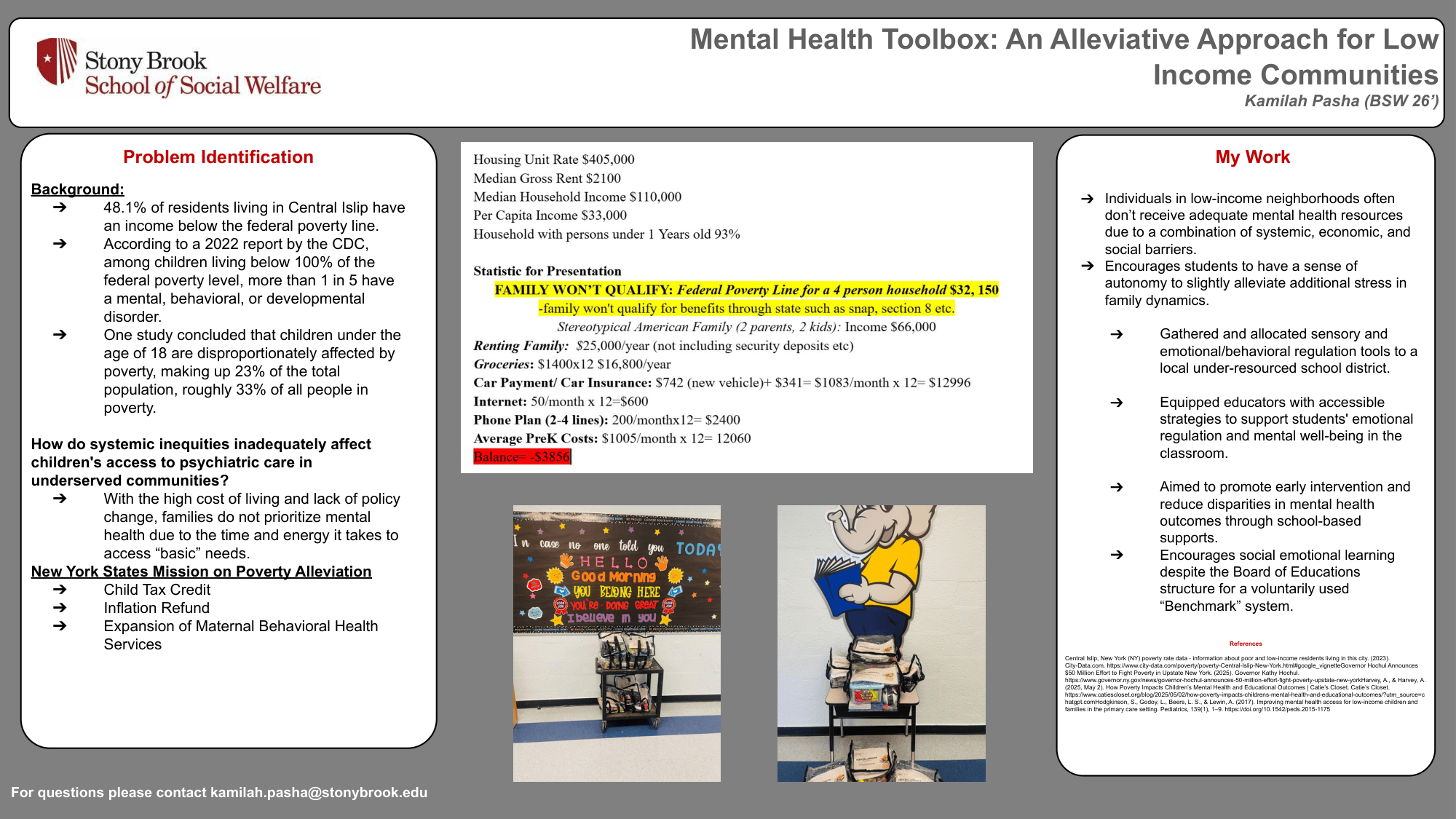 Academic research poster titled "Mental Health Toolbox: An Alleviative  Approach for Low Income Communities" by Kamilah Pasha, BSW student at Stony Brook  School of Social Welfare. The poster identifies systemic barriers to mental health  care in low-income communities, using Central Islip, NY as a case study where 48.1%  of residents live below the federal poverty line. It presents a budget analysis  showing that a typical American family of four earning $66,000 annually would not  qualify for federal poverty line benefits despite a negative monthly balance. The  poster outlines the student's work gathering sensory and emotional regulation tools  for an under-resourced school district and equipping educators with mental health  support strategies to promote early intervention and reduce health disparities in  children.