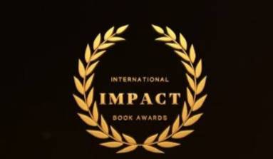 Gold laurel wreath emblem with the text "International Impact Book Awards" in the center, on a black background.