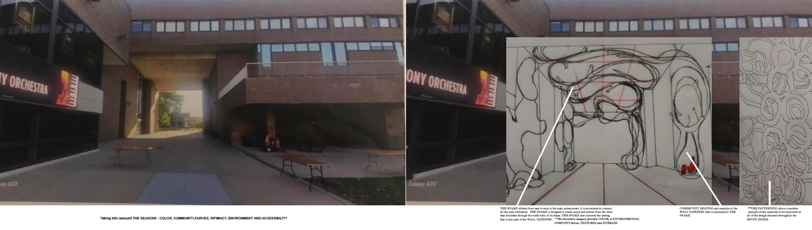 the-room-13 **Alt text:** A landscape architecture design presentation showing a before-and-after comparison of a campus building entranceway, photographed at ground level with a mobile phone (labeled "Galaxy A32") in warm evening light. A "NY ORCHESTRA" banner is visible on the left wall of the building, and the passage opens to a bright exterior beyond. On the left, the existing condition photo shows the underpass entrance with plain concrete walls, a few standard wooden picnic tables, and utilitarian red equipment stored near the back — functional but stark and unwelcoming. On the right, three overlaid design concept elements are presented: - **Center sketch — "The Snake":** A large pencil drawing overlaid on the photo depicts a sweeping, sinuous sculptural seating element called **THE SNAKE** — an organic, arch-like continuous form with coiling, serpentine lines that winds through the entranceway space. Red grid lines indicate scale and proportion. Two white lines point from caption text to specific features of the drawing. The caption reads: *"THE SNAKE slithers from east to west in the main entranceway. It is envisioned to connect all the main tributaries. THE SNAKE is designed to create sound and echoes from the wind that circulates through the round body of its shape. THE SNAKE also connects the seating that is also part of the WALL TAPESTRY. The decorative imagery provides COLOR, is ENVIRONMENTAL, COMMUNITY driven, TEXTURED and INTIMATE."* - **Center-right label:** *"COMMUNITY SEATING and example of the WALL TAPESTRY that is connected to THE SNAKE."* - **Far right sketch — "The Patterning":** A vertical strip of the recurring organic botanical pattern — the same vernacular motif referenced in prior panels — shown as it would appear printed or sculpted onto wall surfaces, captioned: *"THE PATTERNING above is another example of the vernacular to be reprinted on all of the design elements throughout the SEVEN ZONES."* Text at the bottom left reads: *"Taking into account THE SEASONS – COLOR, COMMUNITY, CURVES, INTIMACY, ENVIRONMENT AND ACCESSIBILITY."*