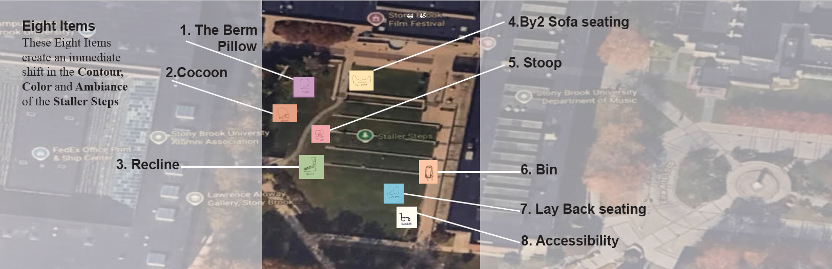 the-room-16 **Alt text:** A landscape architecture design presentation page from a booklet (pages 44–45) showing an aerial satellite view of the **Staller Steps** at Stony Brook University, with eight proposed design interventions mapped and labeled across the tiered lawn terraces. Surrounding campus landmarks are visible in the dimmed aerial background, including the Stony Brook University Alumni Association, Lawrence Alloway Gallery, FedEx Office Print & Ship Center, Stony Brook University Department of Music, and a Stony Brook Film Festival banner on a nearby building. The left side of the image introduces the concept with the heading **"Eight Items"** and the explanation: *"These Eight Items create an immediate shift in the Contour, Color and Ambiance of the Staller Steps."* Each of the eight items is marked on the aerial map with a small color-coded illustrated tile connected by a white line to its label. The items are distributed across the terraced lawn and listed as follows: 1. **The Berm Pillow** — upper center of the terraces 2. **Cocoon** — upper left area of the terraces 3. **Recline** — middle left area of the terraces 4. **By2 Sofa seating** — upper right, near the top of the steps 5. **Stoop** — right side, mid-terrace 6. **Bin** — lower right area of the terraces 7. **Lay Back seating** — lower center of the terraces 8. **Accessibility** — lower center, below item 7 Each tile contains a small gestural sketch illustrating the form or posture associated with that seating or furniture type, color-coded in pink, orange, peach, green, teal, and white to differentiate the elements across the map.