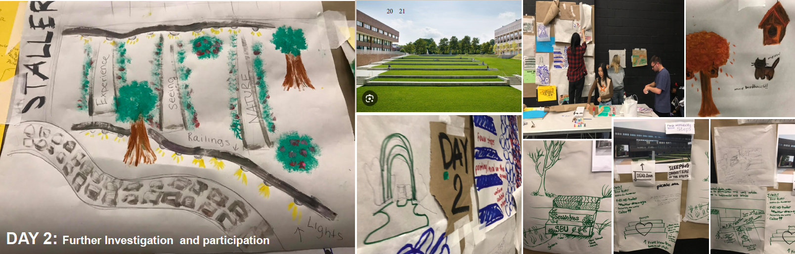 the-room-05 Collage depicting a creative workshop on urban planning. Includes sketches of trees, greenery, detailed maps, and participants interacting, with a text overlay: "DAY 2: Further Investigation and Participation."