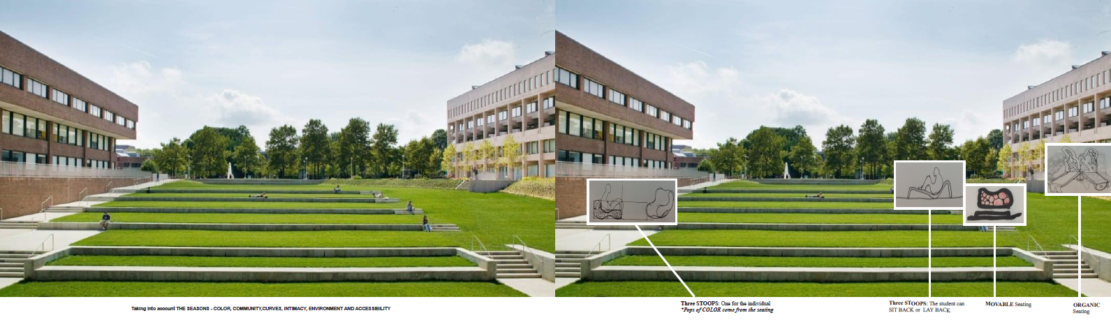 the-room-08 A landscape architecture design presentation showing a before-and-after comparison of a campus outdoor space. On the left, the existing condition features a series of wide, tiered grass terraces with concrete retaining walls and steps, flanked by brick academic buildings and mature trees under a partly cloudy sky. A few people are seated on the terraces. On the right, the proposed design overlay introduces three types of seating elements annotated with callout boxes: "Three Stoops" designed for individual use with colorful pop seating, "Three Stoops" designed for sitting back or laying back, "Movable Seating," and "Organic Seating," illustrated with gestural line-drawing sketches of reclining and lounging figures alongside a rendering of a pink organic-form seat. Text at the bottom of the left panel reads: "Taking into account THE SEASONS – COLOR, COMMUNITY, CURVES, INTIMACY, ENVIRONMENT AND ACCESSIBILITY."