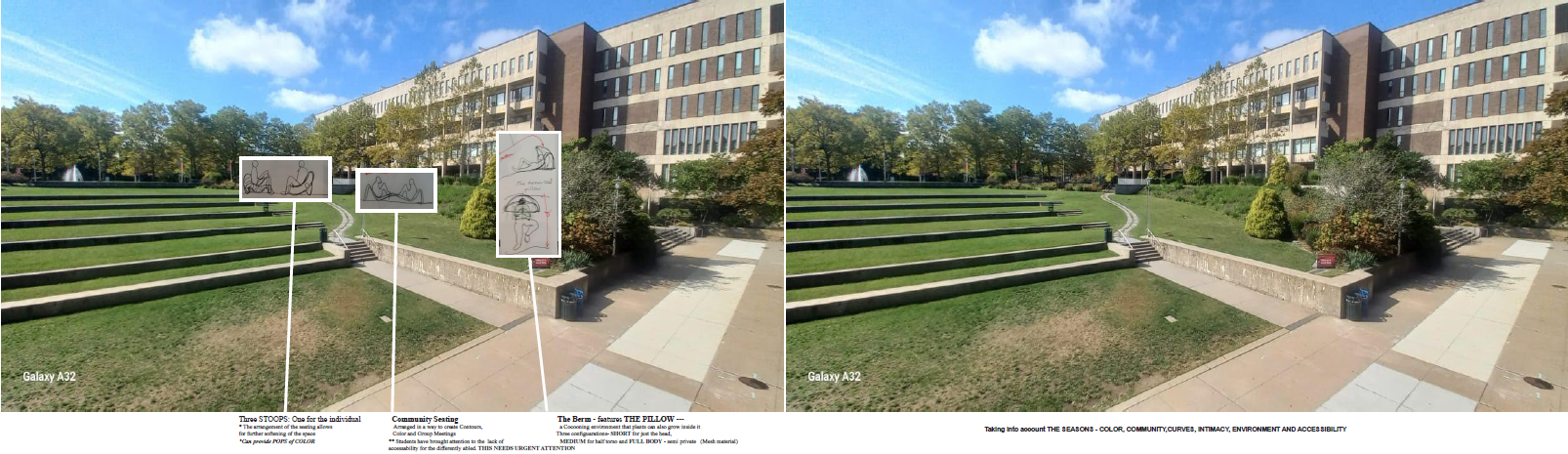 the-room-09 **Alt text:** A landscape architecture design presentation showing a before-and-after comparison of a campus outdoor space photographed from ground level with a mobile phone (labeled "Galaxy A32"). On the left, the proposed design concept is overlaid onto a photo of tiered grass terraces with concrete retaining walls, a central paved pathway, and a large brick academic building in the background under a blue sky with scattered clouds. Three annotated callout boxes with gestural line-drawing sketches illustrate seating concepts: - **"Three Stoops: One for the individual"** — noting that the arrangement allows for further softening of the space and can provide pops of color. - **"Community Seating"** — described as arranged to create contours, color, and group meetings, with a note that students have drawn attention to the lack of accessibility for the differently abled, marked as needing urgent attention. - **"The Berm – features THE PILLOW"** — described as a cocooning environment that plants can also grow inside, with three configurations: Short for just the head, Medium for half torso, and Full Body for semi-private use, made of mesh material. On the right, the existing condition photo shows the same space without any design overlays — the same terraced lawn, pathway, and building visible in autumn foliage. Text at the bottom reads: *"Taking into account THE SEASONS – COLOR, COMMUNITY, CURVES, INTIMACY, ENVIRONMENT AND ACCESSIBILITY."*