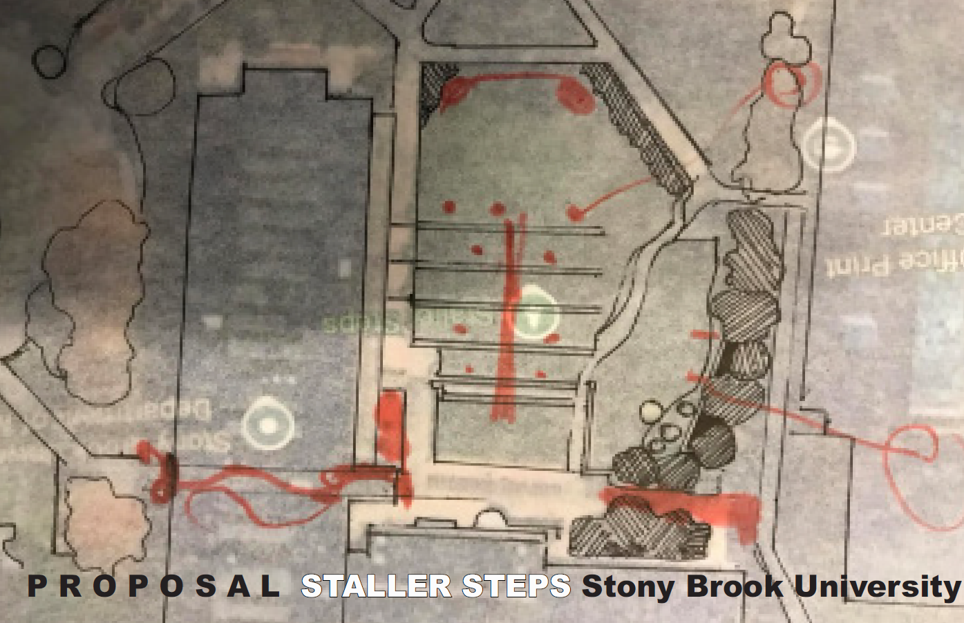 the-room-01 An architectural proposal map for Staller Steps at Stony Brook University, featuring red markings highlighting pathways and areas around a central complex.