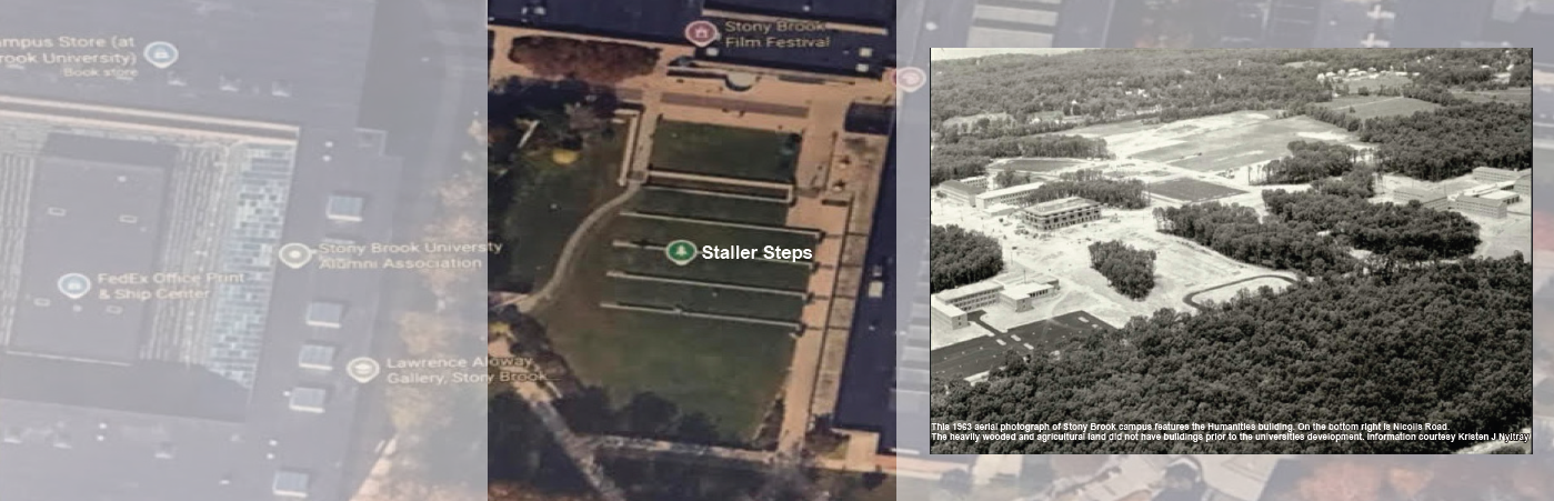 the-room-02 Aerial images of Staller Steps at a university campus are shown. The current colored photo on the left highlights green spaces, benches, and pathways. On the right, a black-and-white historic photo shows the campus under construction, surrounded by trees, conveying a sense of growth and development over time.