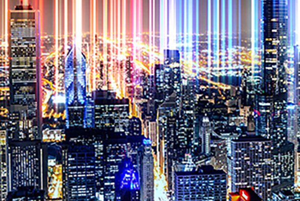 Civil Engineering a city skyline consisting of black buildings, lit up, with stipes of color in the background