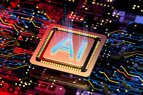 Electrical and Computer Engineering The letters AI in a gold square in front of a lit up computer network as a backdrop