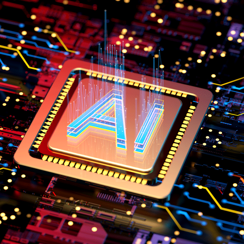 A glowing microchip with the letters "AI" at its center is surrounded by vibrant, multicolored circuit lines, conveying a futuristic and dynamic tech theme.