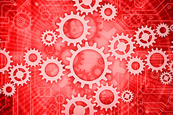 Department of Mechanical Engineering A pattern of gears layered upon more images of gears in a lighter shade of red