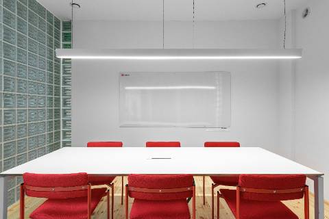 Classroom with group table and six chairs