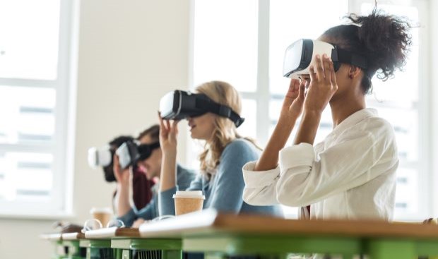 Students using VR headsets.