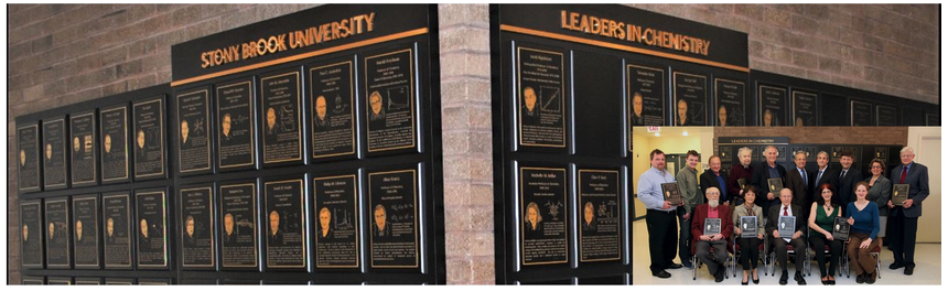 The display honors Stony Brook University chemistry leaders with framed portraits, plaques, and biographies, alongside a group photo of award recipients celebrating achievements in the department’s academic history and legacy.