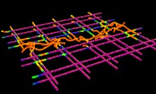 A 3D data visualization of a purple grid network with an orange organic path and heat-mapped intensity points.