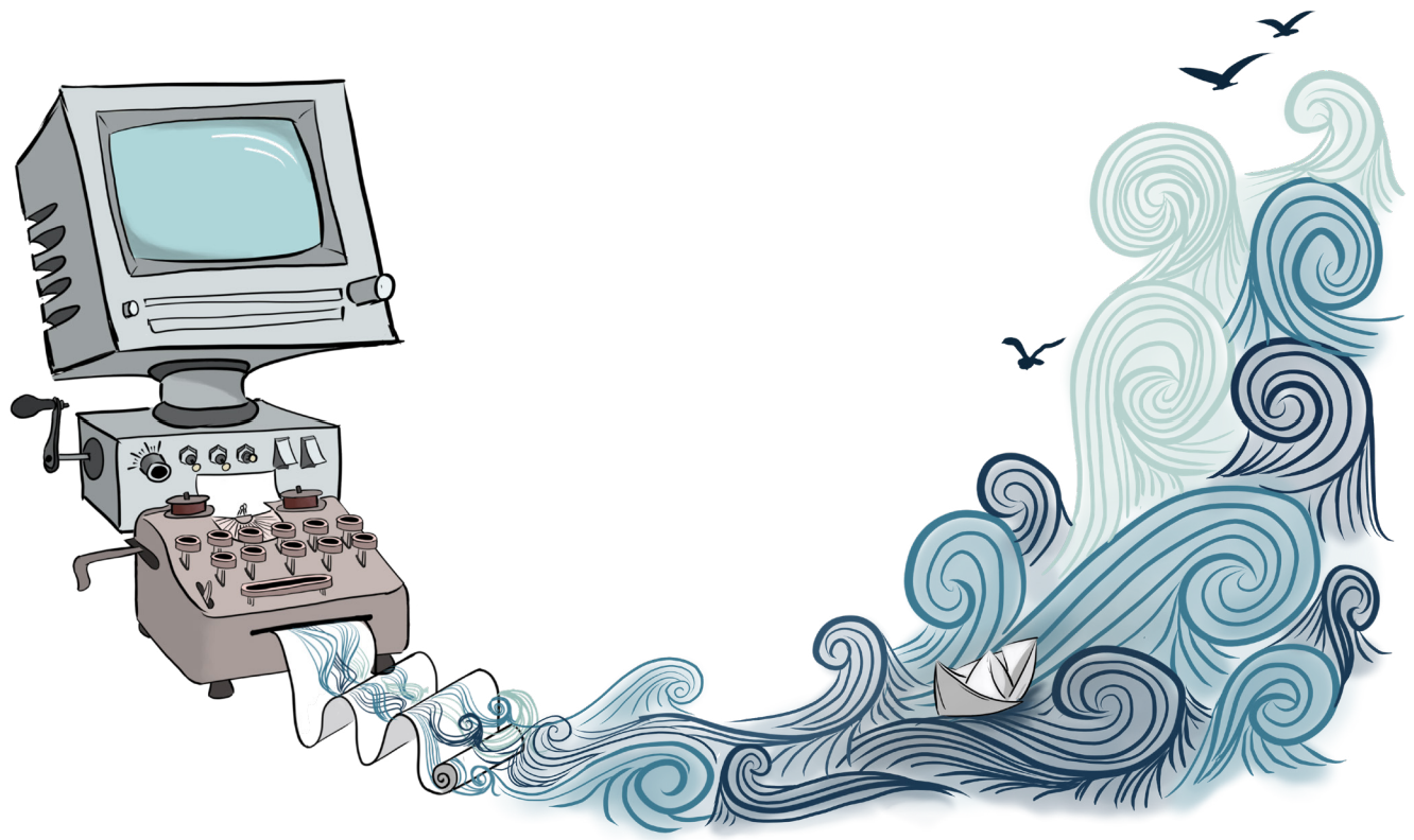 An illustration of a retro computer-typewriter machine printing a long scroll of paper that transforms into stylized ocean waves with a paper boat.