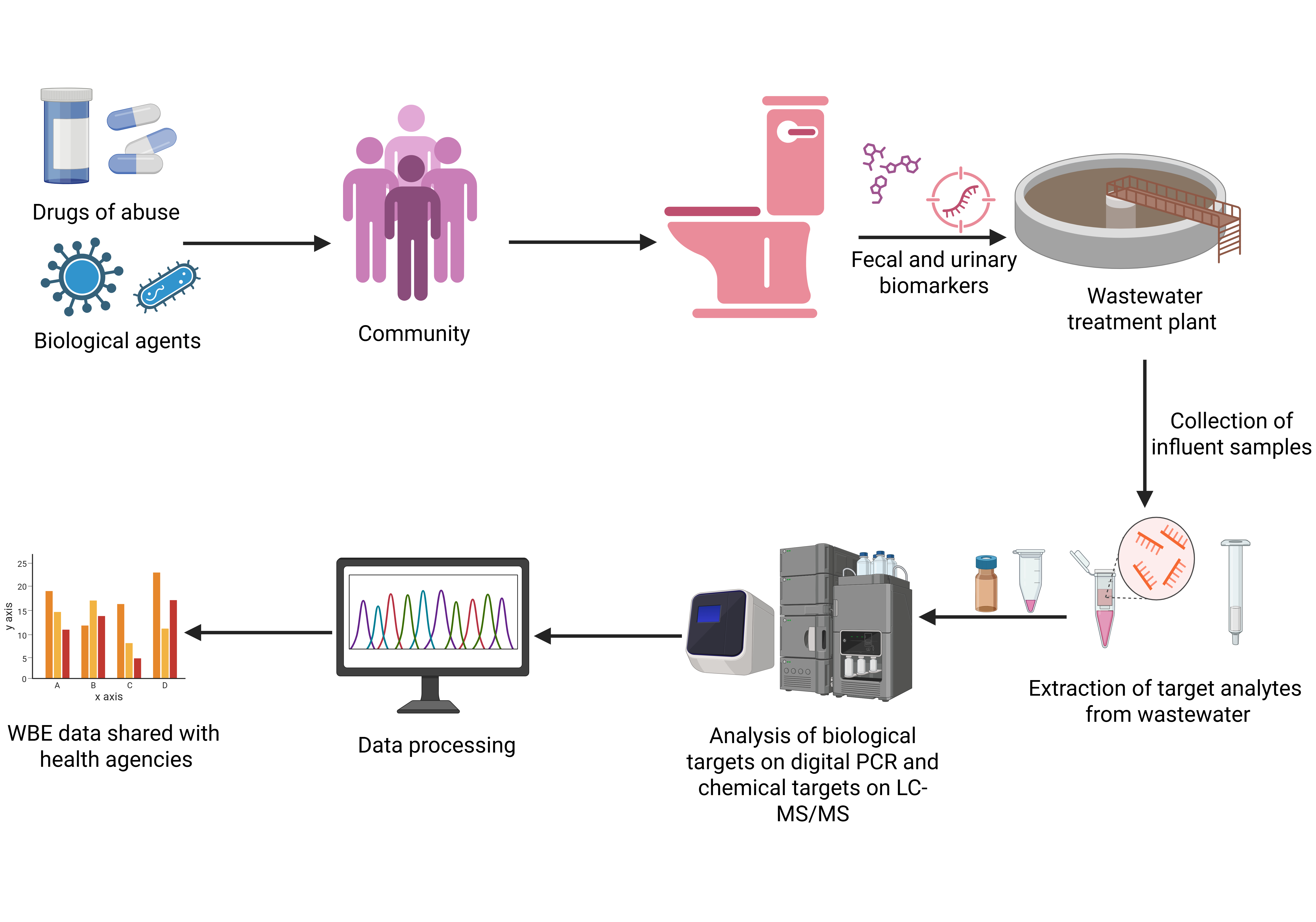 Flow chart of the pathway from drugs and biological agents through wastewater treatment, collection, analysis, and data sharing