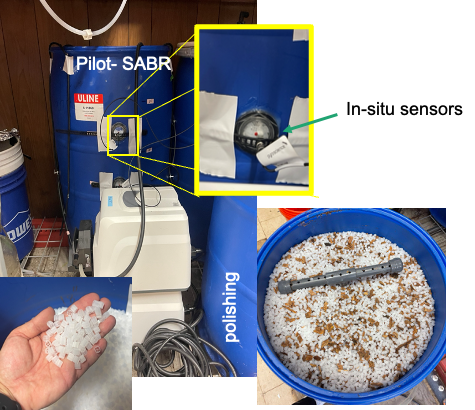 Sequencing Aerated Biofilm Reactor / Blue 50 gallon drum filled with white rocks and in-situ sensor