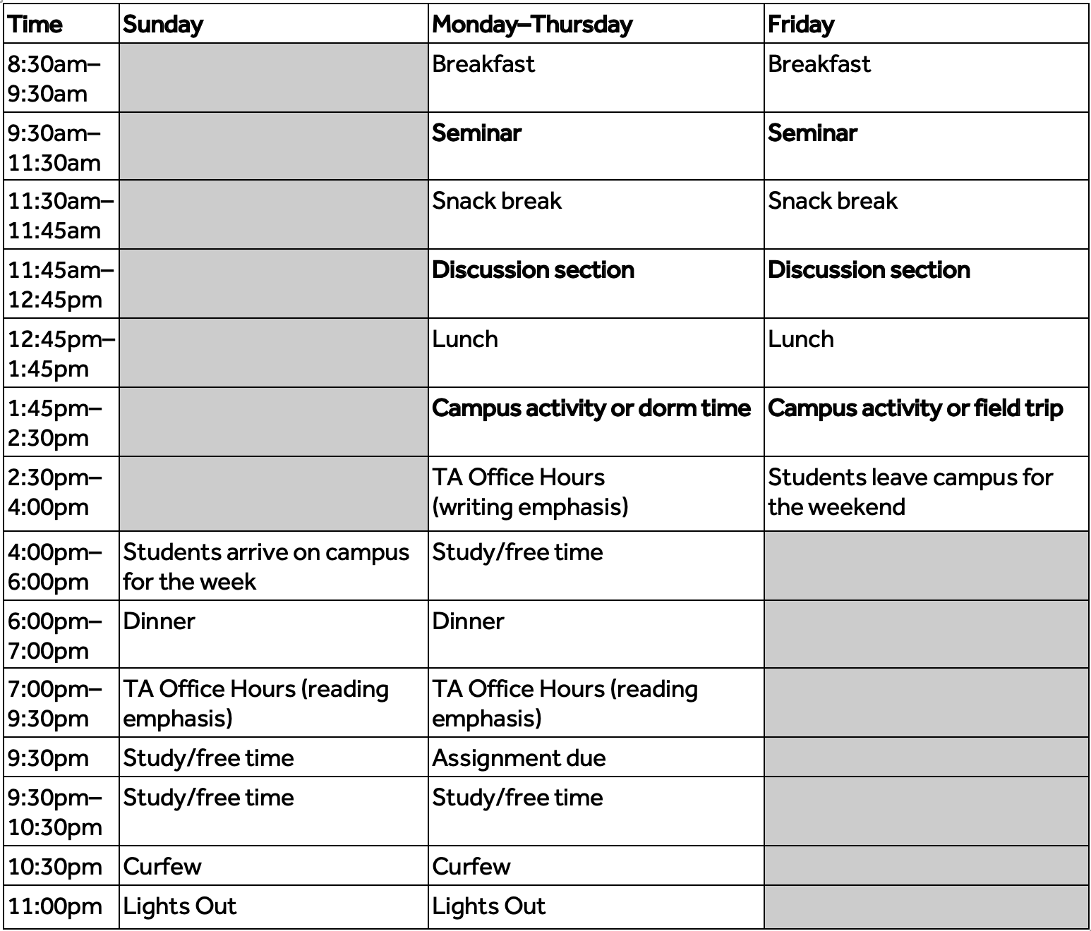 Summer schedule 