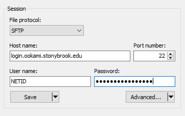 screencap of WinSCP STFP login for ookami