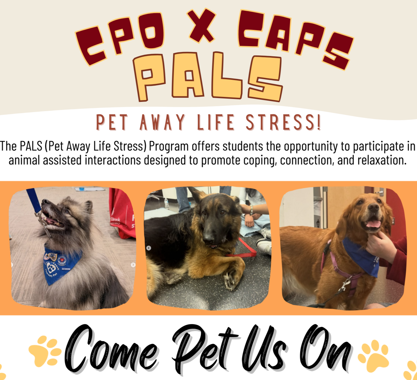 Promotional poster for a "PALS" pet therapy event with images of three dogs and event details.
