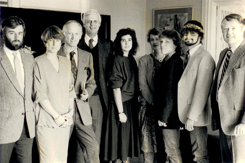 Carla Caglioti accepting a Chancellors Scholarship in 1986 in honor of author George Plimpton, to her right.  Also in the photo at left are Tim Bishop,  Sue Taylor and Angier Biddle Duke, with Southampton mayor William Hattrick at far right.