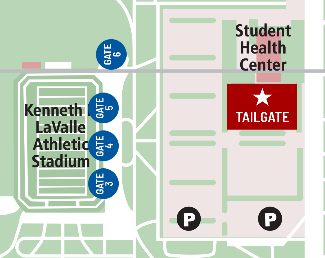 LaValle Stadium parking lot map with the area next to the Student Health Services building highlighted and labeled Tailgate.