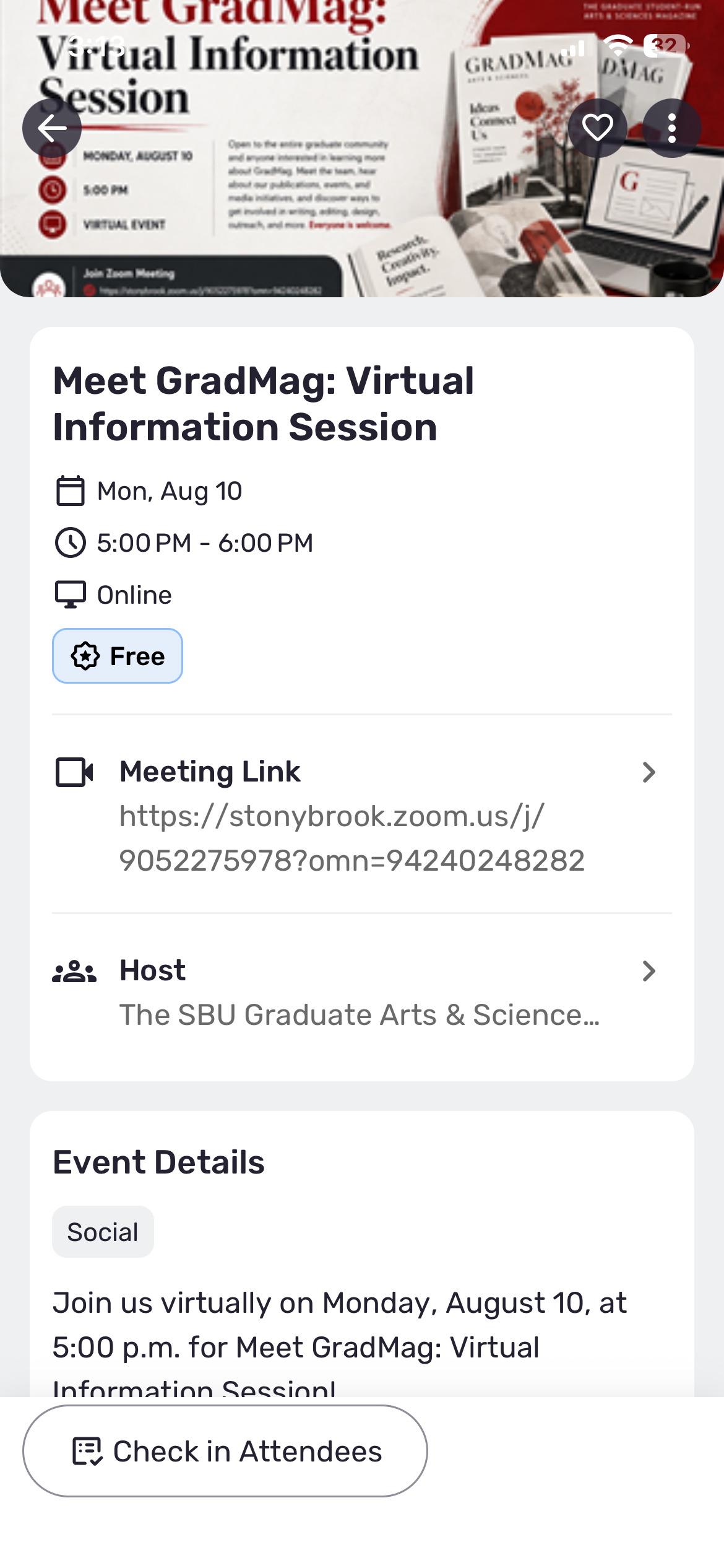 Screenshot of CampusGroups Event Feature to see Check In Attendees Button