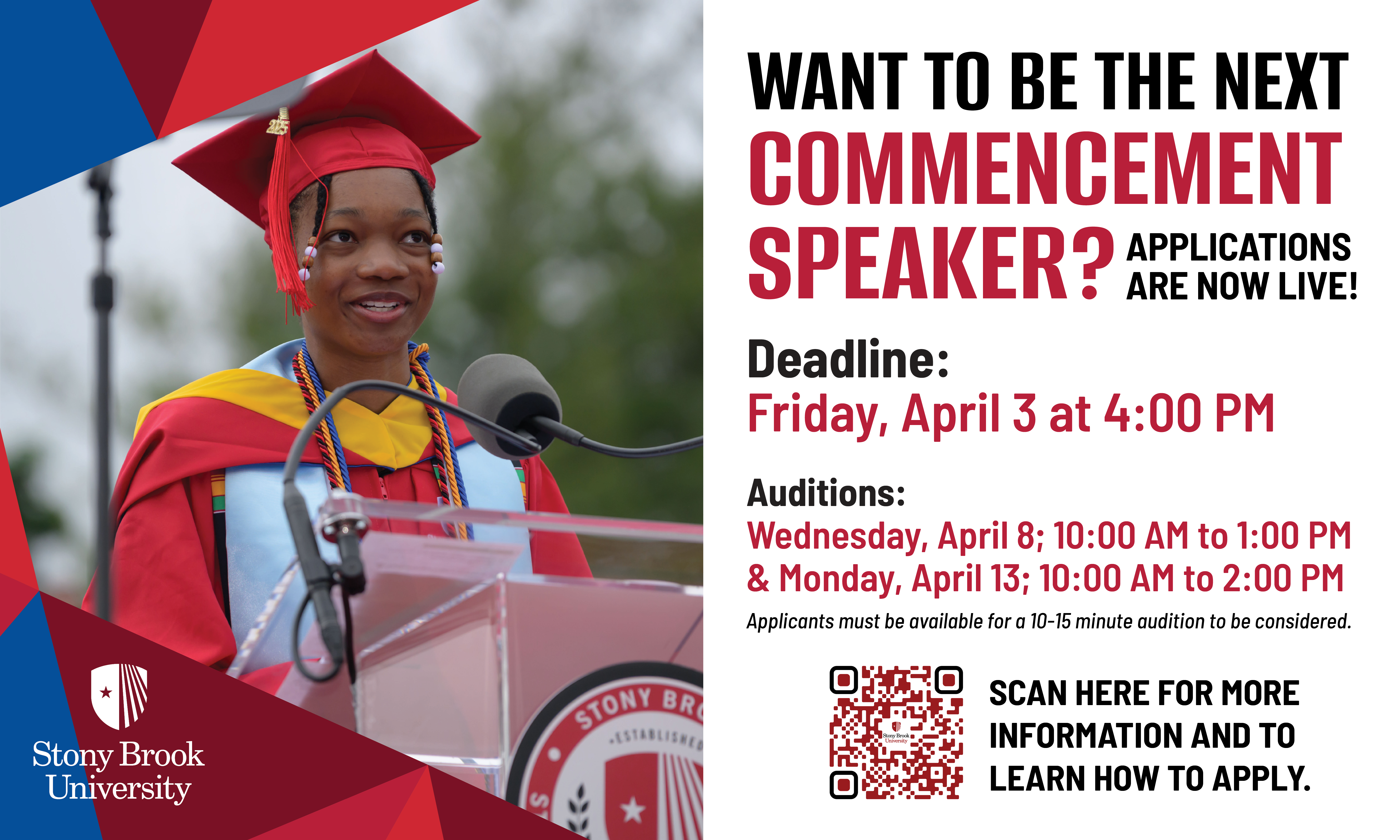 Flyer showing Commencement speaker and details for the Commencement Speaker Competition