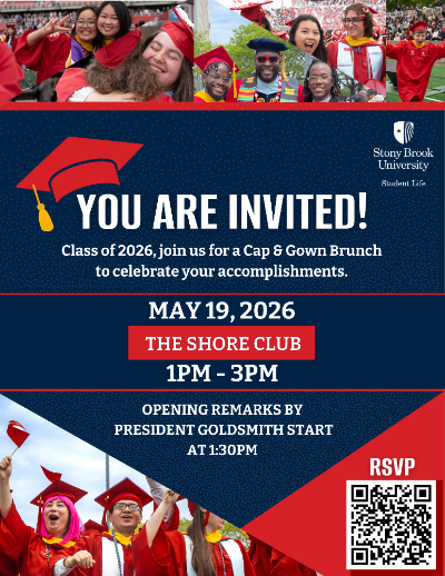 Flyer showing SBU graduates and details for Cap and Gown brunch