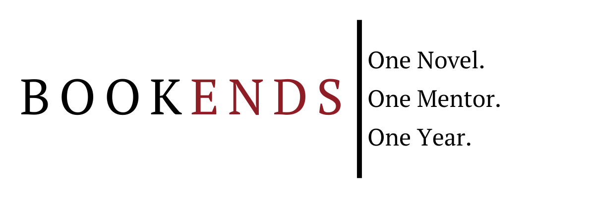 BookEnds program logo next to three lines reading "One Novel, One Mentor, One Year."