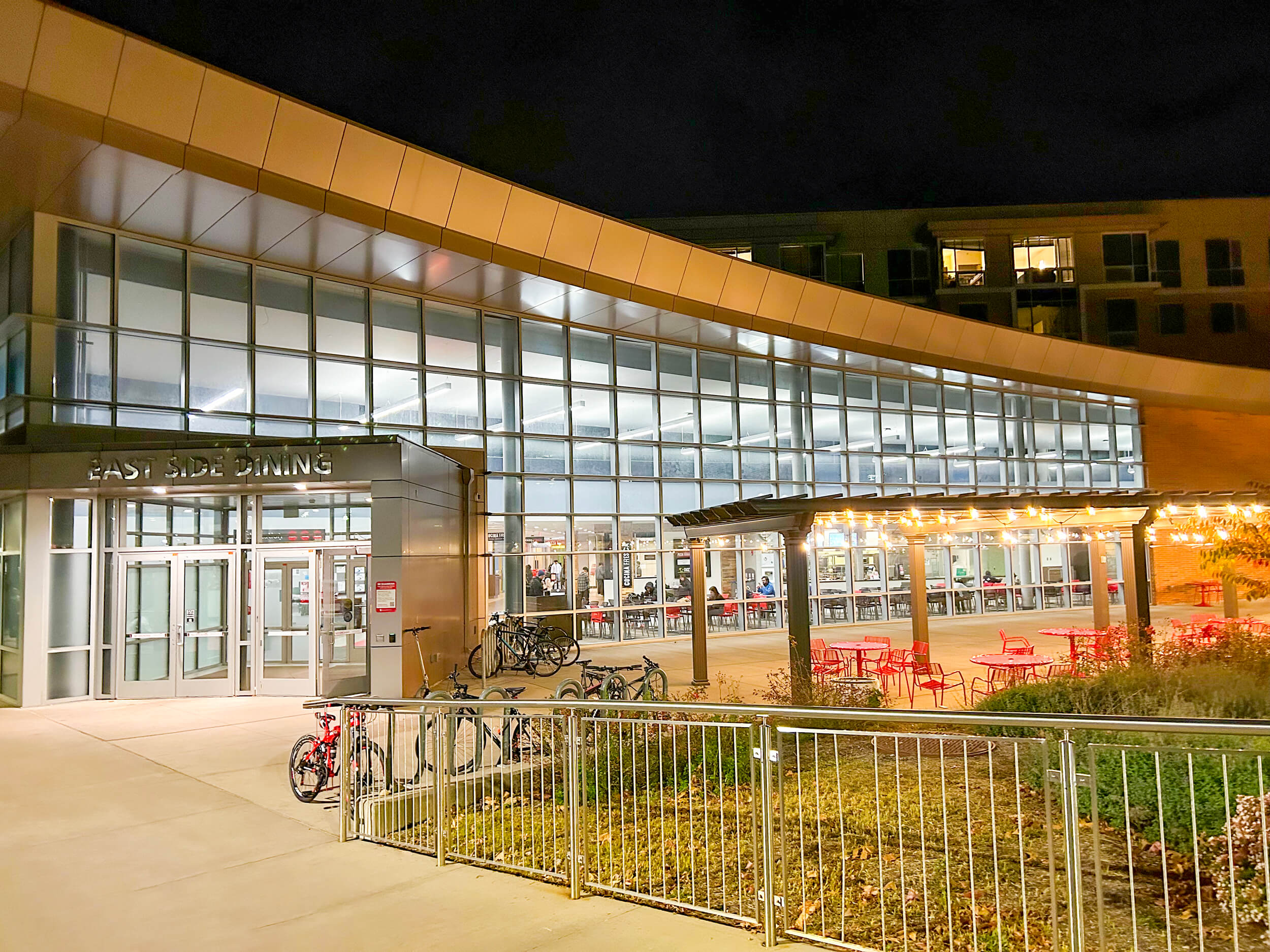 exterior view of East Side Dining at night