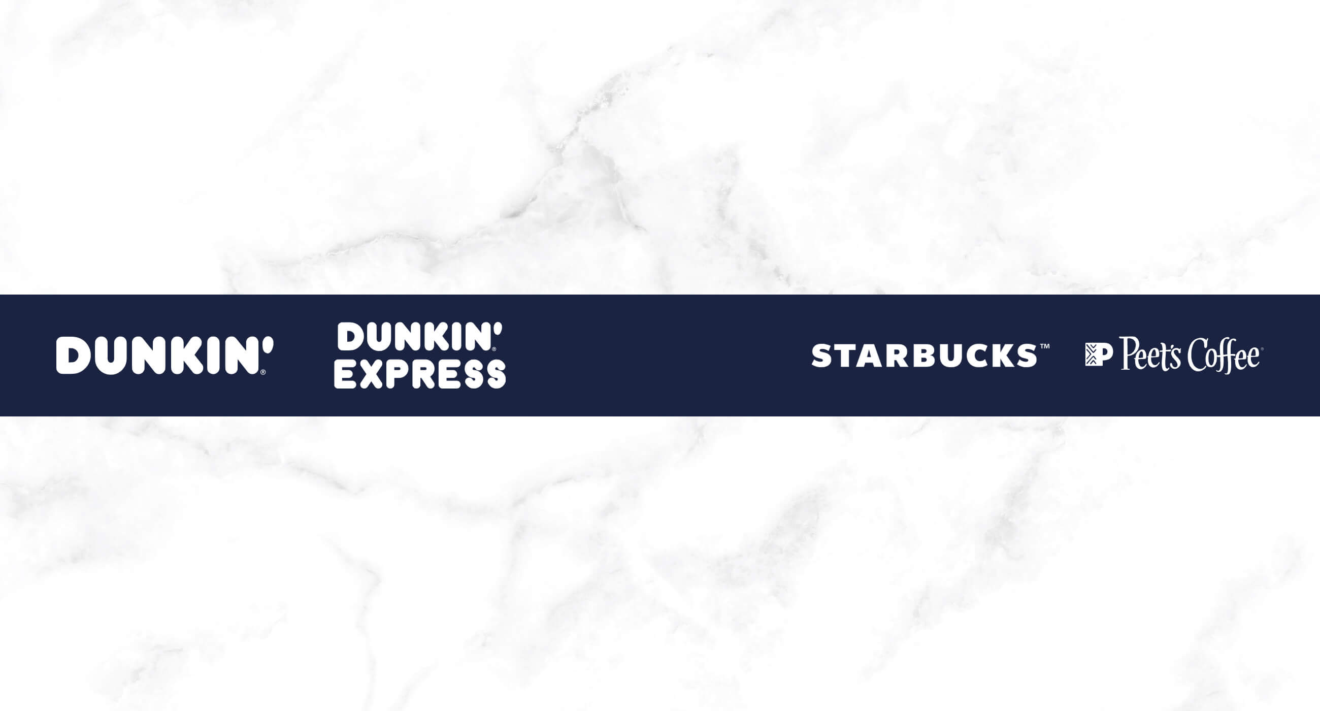 Banner displaying coffee brands "DUNKIN'," "DUNKIN' EXPRESS," "STARBUCKS," and "Peet's Coffee"